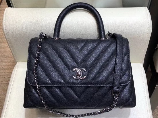 Chanel Small Flap Bag with Top Handle Black Chevron Grained Calfskin