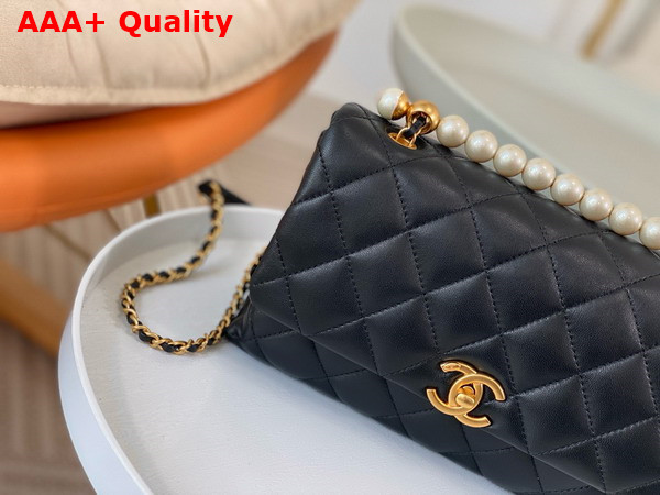 Chanel Small Flap Bag with Top Handle Black Shiny Lambskin Imitation Pearls Gold Tone Metal AS5002 Replica