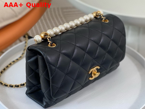 Chanel Small Flap Bag with Top Handle Black Shiny Lambskin Imitation Pearls Gold Tone Metal AS5002 Replica