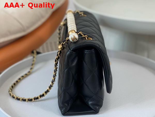 Chanel Small Flap Bag with Top Handle Black Shiny Lambskin Imitation Pearls Gold Tone Metal AS5002 Replica