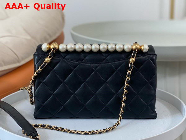 Chanel Small Flap Bag with Top Handle Black Shiny Lambskin Imitation Pearls Gold Tone Metal AS5002 Replica