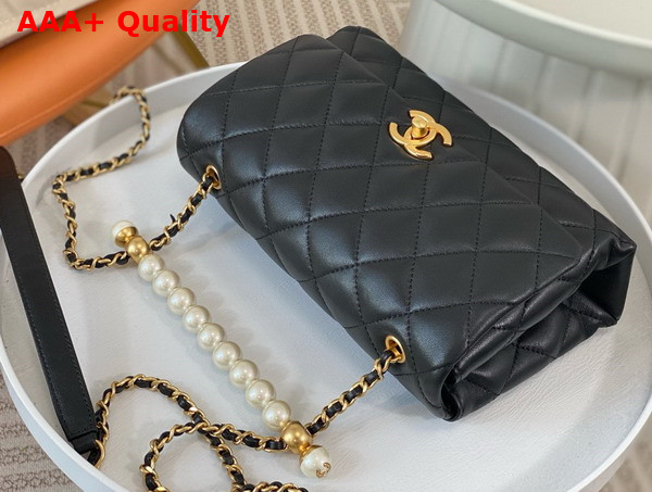 Chanel Small Flap Bag with Top Handle Black Shiny Lambskin Imitation Pearls Gold Tone Metal AS5002 Replica