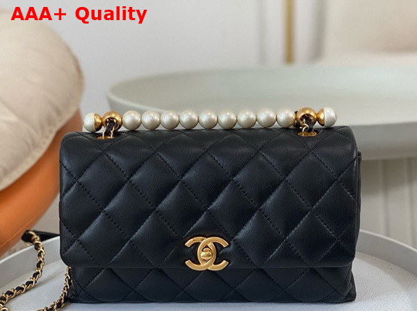 Chanel Small Flap Bag with Top Handle Black Shiny Lambskin Imitation Pearls Gold Tone Metal AS5002 Replica