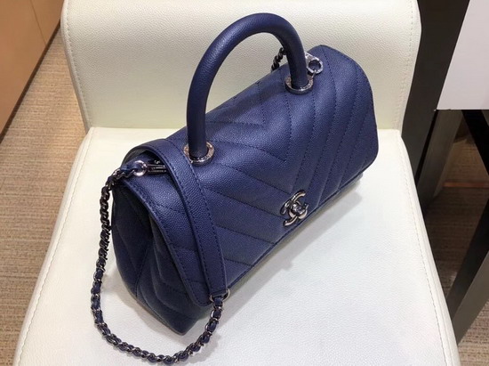 Chanel Small Flap Bag with Top Handle Blue Chevron Grained Calfskin