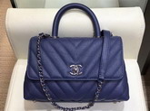 Chanel Small Flap Bag with Top Handle Blue Chevron Grained Calfskin