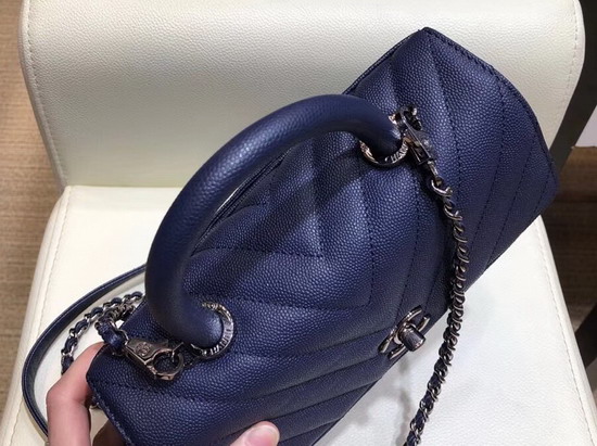 Chanel Small Flap Bag with Top Handle Blue Chevron Grained Calfskin