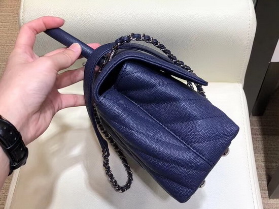 Chanel Small Flap Bag with Top Handle Blue Chevron Grained Calfskin