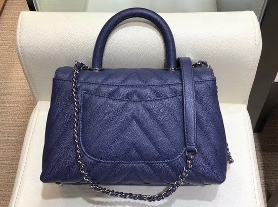 Chanel Small Flap Bag with Top Handle Blue Chevron Grained Calfskin