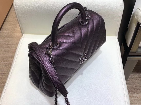 Chanel Small Flap Bag with Top Handle Dark Purple Chevron Grained Calfskin