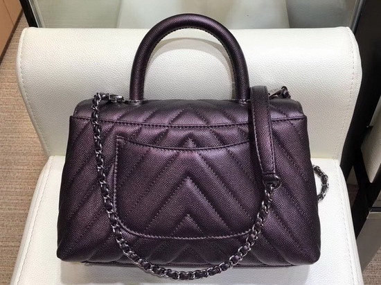 Chanel Small Flap Bag with Top Handle Dark Purple Chevron Grained Calfskin