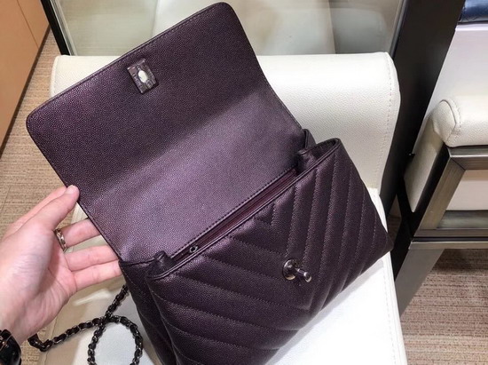 Chanel Small Flap Bag with Top Handle Dark Purple Chevron Grained Calfskin