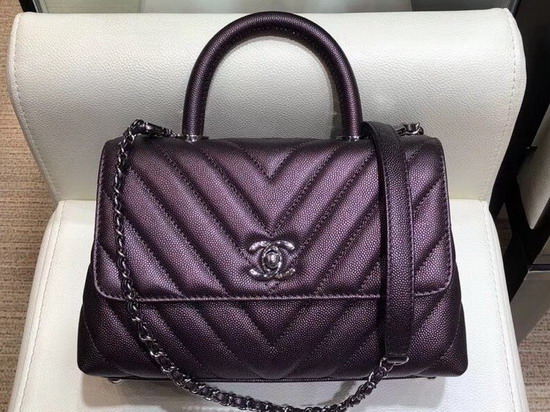 Chanel Small Flap Bag with Top Handle Dark Purple Chevron Grained Calfskin