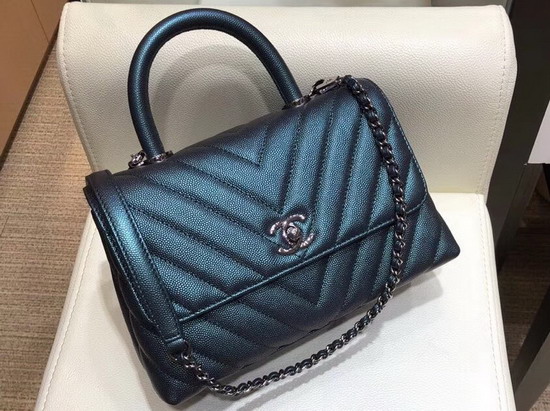 Chanel Small Flap Bag with Top Handle Dark Turquoise Chevron Grained Calfskin A92990