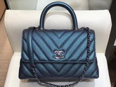 Chanel Small Flap Bag with Top Handle Dark Turquoise Chevron Grained Calfskin A92990