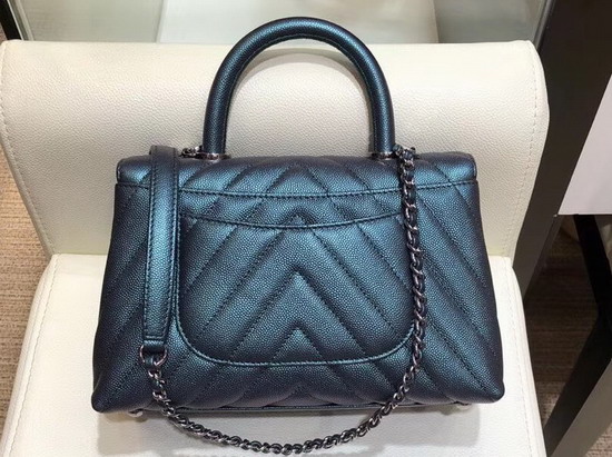 Chanel Small Flap Bag with Top Handle Dark Turquoise Chevron Grained Calfskin A92990