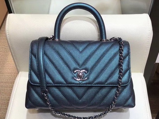 Chanel Small Flap Bag with Top Handle Dark Turquoise Chevron Grained Calfskin A92990