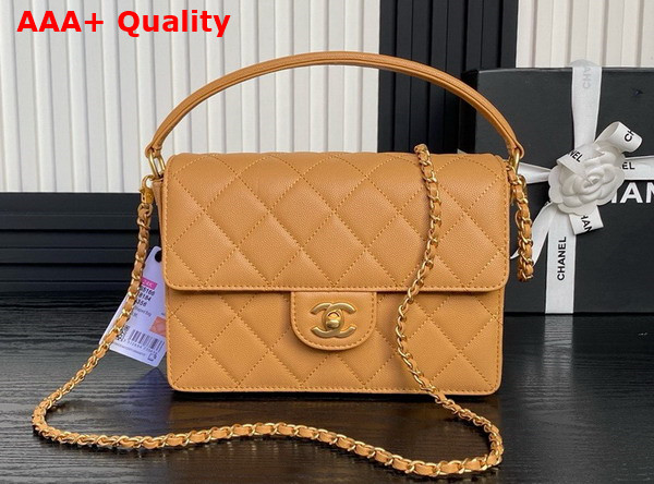 Chanel Small Flap Bag with Top Handle Grained Shiny Calfskin Gold Tone Metal Light Brown AS5166 Replica