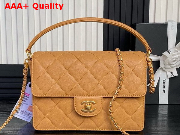 Chanel Small Flap Bag with Top Handle Grained Shiny Calfskin Gold Tone Metal Light Brown AS5166 Replica