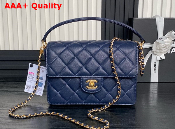 Chanel Small Flap Bag with Top Handle Grained Shiny Calfskin Gold Tone Metal Navy Blue AS5166 Replica