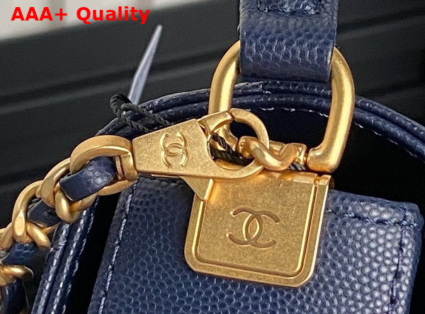 Chanel Small Flap Bag with Top Handle Grained Shiny Calfskin Gold Tone Metal Navy Blue AS5166 Replica