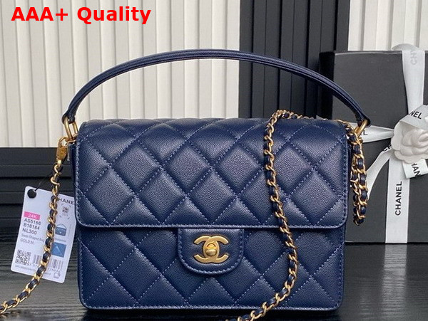 Chanel Small Flap Bag with Top Handle Grained Shiny Calfskin Gold Tone Metal Navy Blue AS5166 Replica