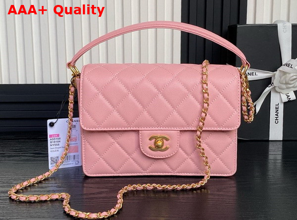 Chanel Small Flap Bag with Top Handle Grained Shiny Calfskin Gold Tone Metal Pink AS5166 Replica