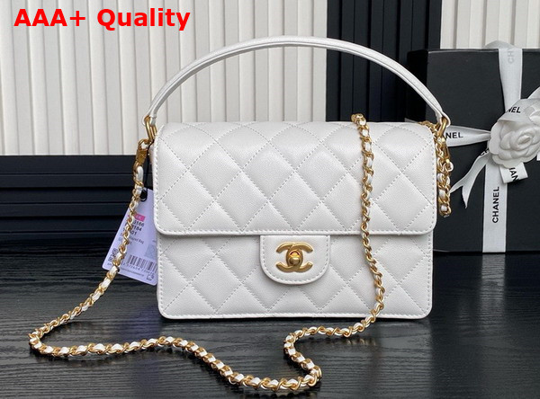 Chanel Small Flap Bag with Top Handle Grained Shiny Calfskin Gold Tone Metal White AS5166 Replica