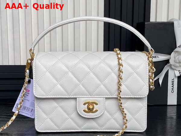 Chanel Small Flap Bag with Top Handle Grained Shiny Calfskin Gold Tone Metal White AS5166 Replica