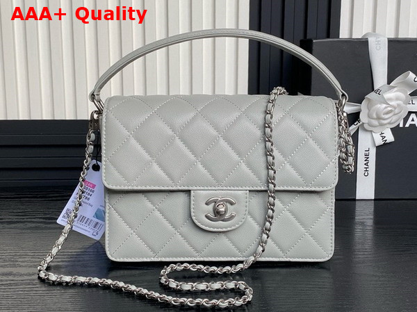 Chanel Small Flap Bag with Top Handle Grained Shiny Calfskin Silver Tone Metal Gray AS5166 Replica