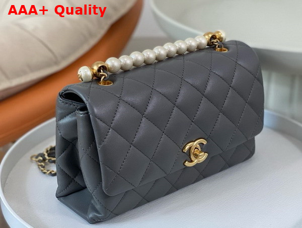 Chanel Small Flap Bag with Top Handle Grey Shiny Lambskin Imitation Pearls Gold Tone Metal AS5002 Replica