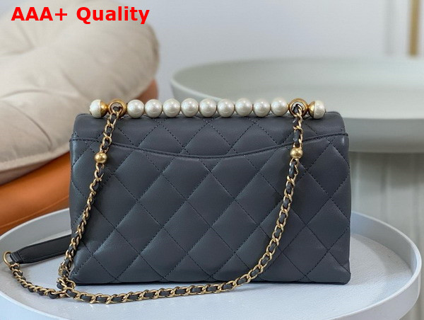 Chanel Small Flap Bag with Top Handle Grey Shiny Lambskin Imitation Pearls Gold Tone Metal AS5002 Replica