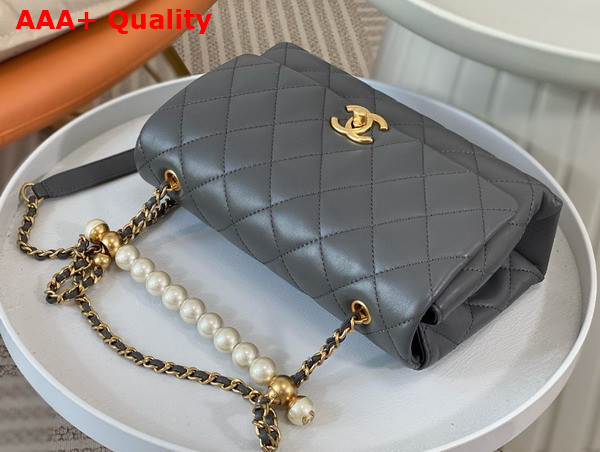 Chanel Small Flap Bag with Top Handle Grey Shiny Lambskin Imitation Pearls Gold Tone Metal AS5002 Replica