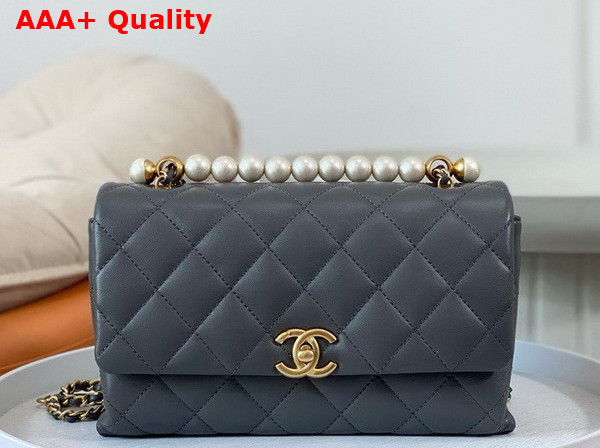 Chanel Small Flap Bag with Top Handle Grey Shiny Lambskin Imitation Pearls Gold Tone Metal AS5002 Replica