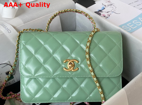 Chanel Small Flap Bag with Top Handle Light Green Shiny Calfskin and Gold Tone Metal AS3908 Replica