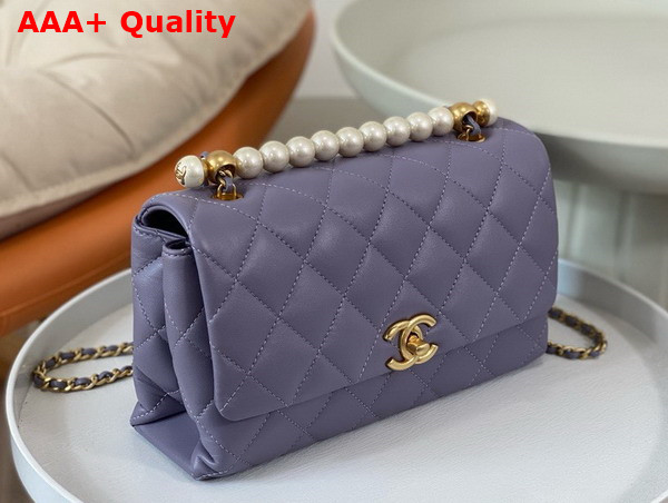 Chanel Small Flap Bag with Top Handle Light Purple Shiny Lambskin Imitation Pearls Gold Tone Metal AS5002 Replica