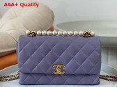 Chanel Small Flap Bag with Top Handle Light Purple Shiny Lambskin Imitation Pearls Gold Tone Metal AS5002 Replica