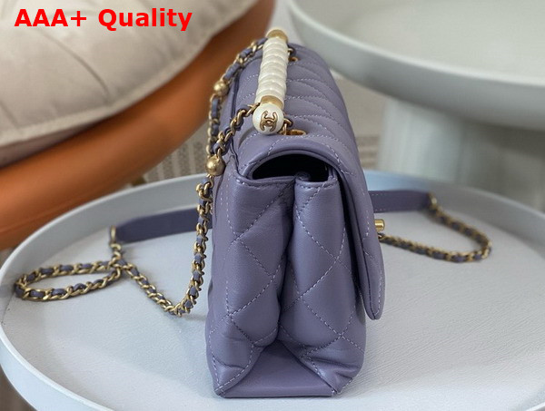 Chanel Small Flap Bag with Top Handle Light Purple Shiny Lambskin Imitation Pearls Gold Tone Metal AS5002 Replica