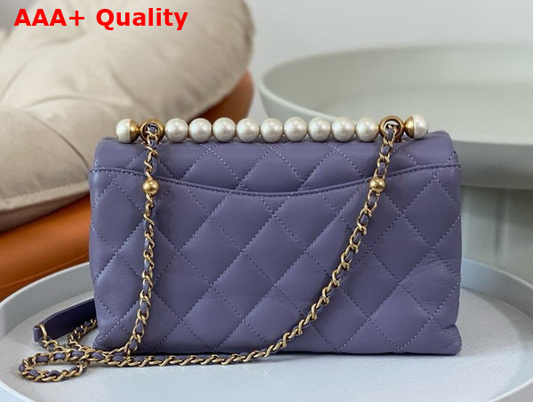 Chanel Small Flap Bag with Top Handle Light Purple Shiny Lambskin Imitation Pearls Gold Tone Metal AS5002 Replica