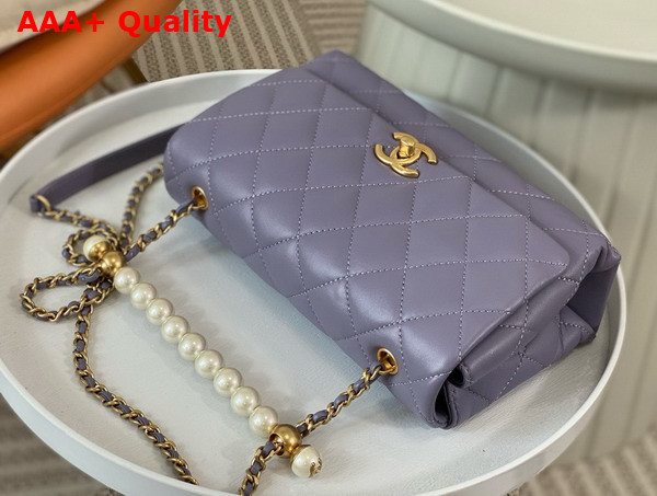 Chanel Small Flap Bag with Top Handle Light Purple Shiny Lambskin Imitation Pearls Gold Tone Metal AS5002 Replica