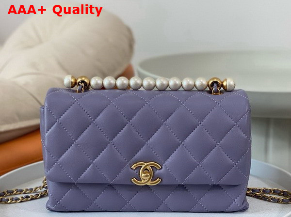 Chanel Small Flap Bag with Top Handle Light Purple Shiny Lambskin Imitation Pearls Gold Tone Metal AS5002 Replica