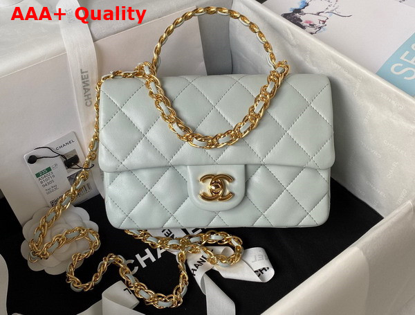 Chanel Small Flap Bag with Top Handle Pale Blue Shiny Lambskin Gold Tone Metal AS4023 Replica