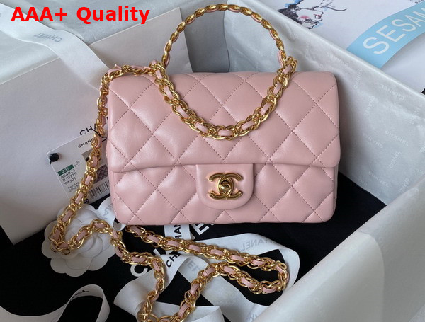 Chanel Small Flap Bag with Top Handle Pink Shiny Lambskin Gold Tone Metal AS4023 Replica