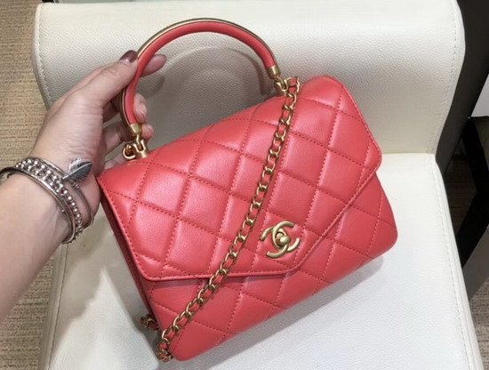 Chanel Small Flap Bag with Top Handle Red Calfskin Gold Tone Metal AS0625