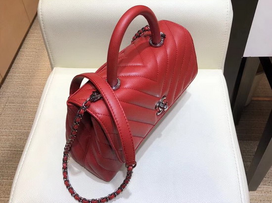 Chanel Small Flap Bag with Top Handle Red Chevron Grained Calfskin