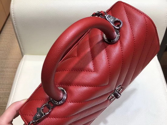 Chanel Small Flap Bag with Top Handle Red Chevron Grained Calfskin