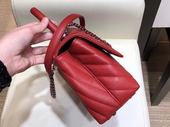 Chanel Small Flap Bag with Top Handle Red Chevron Grained Calfskin