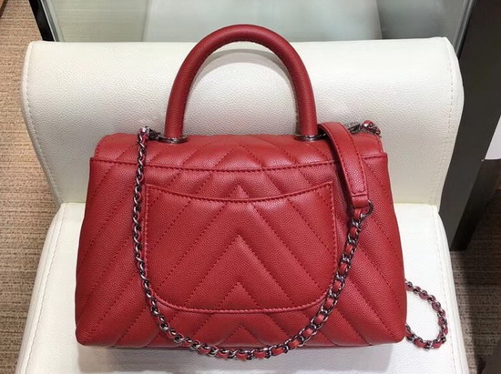 Chanel Small Flap Bag with Top Handle Red Chevron Grained Calfskin