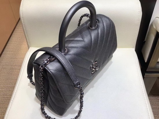 Chanel Small Flap Bag with Top Handle Silver Grey Chevron Grained Calfskin