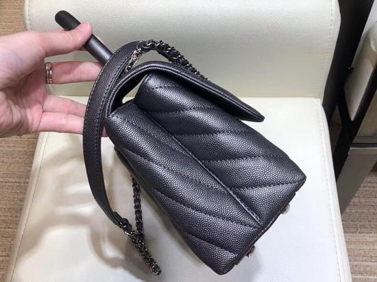 Chanel Small Flap Bag with Top Handle Silver Grey Chevron Grained Calfskin