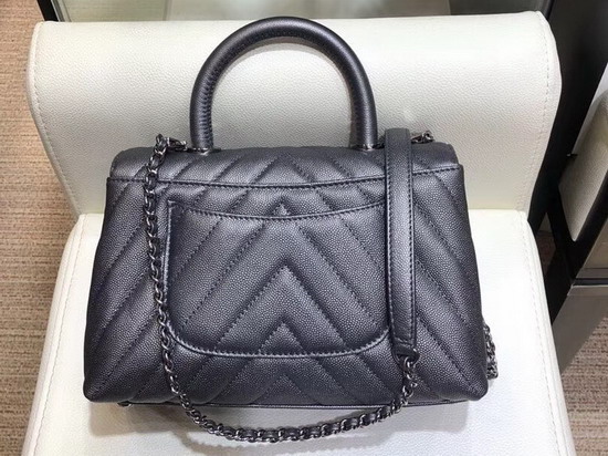 Chanel Small Flap Bag with Top Handle Silver Grey Chevron Grained Calfskin